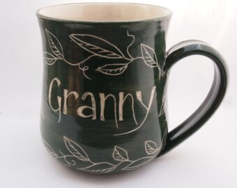 Personalized Grandma Mug, Handmade Green Stoneware with Vines