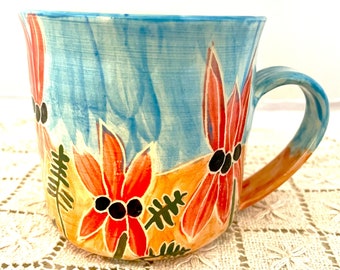 Coffee mug red flower mug Australian Sturt Desert Peas stoneware mug Australian pottery  unique coffee mug