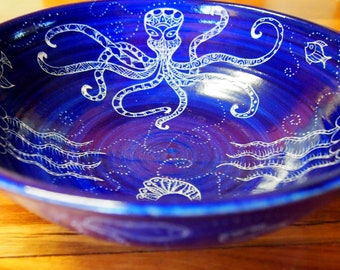 Serving bowl Handmade  bowl Fruit bowl octopus fish ocean design detailed design artisan bowl