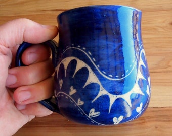 Mug unique coffee mug Handmade and hand decorated mug for coffee or tea in royal blue hearts design Australian pottery