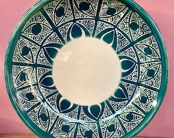 Bowl serving Green Platter shallow bowl Handmade and hand decorated serving platter emerald green Stoneware Dish
