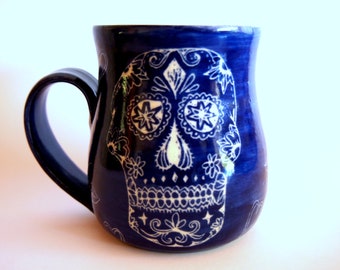 Sugar skull mug Coffee mug royal blue sugar skull design mug, Dia de Muertos mug, Day of the Dead design