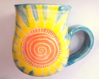 Coffee mug sun mug flower mug stoneware mug orange mug yellow mug Australian pottery  unique coffee mug sunflower mug