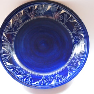 Platter shallow bowl Handmade and hand decorated serving platter royal  blue Stoneware Dish