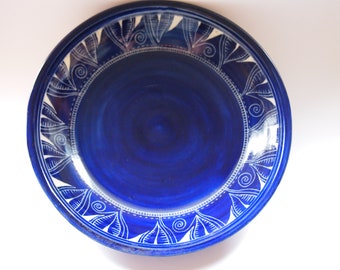Platter shallow bowl Handmade and hand decorated serving platter royal  blue Stoneware Dish