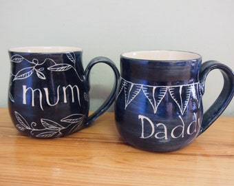 PAIR Parent mugs  Handmade customised MUM and DAD coffee mugs blue stoneware vines and leaves pattern parents gift mugs