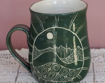 Coffee mug green mug stoneware mug landscape mug night sky design Australian pottery