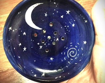 Soap dish, royal blue soap dish, blue bathroom, moon and stars soap dish