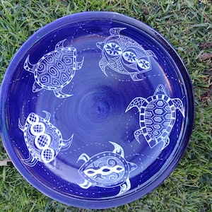 Bowl serving Turtle deign shallow bowl Handmade and hand decorated serving platter royal blue Stoneware Dish image 1