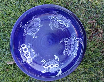 Bowl serving Turtle deign shallow bowl Handmade and hand decorated serving platter royal blue Stoneware Dish