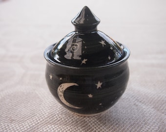 Moon and Stars Jar Lidded pot black starry night   small for storing precious things  jewellery storage,