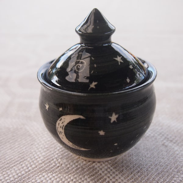 Handmade Stoneware Lidded Jar, Black Starry Night Jewelry Storage