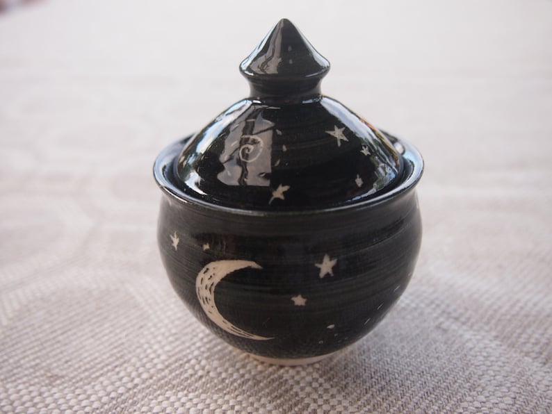 Moon and Stars Jar Lidded pot black starry night small for storing precious things jewellery storage, image 1