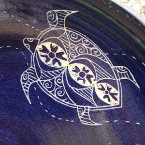 Bowl serving Turtle deign shallow bowl Handmade and hand decorated serving platter royal blue Stoneware Dish image 5