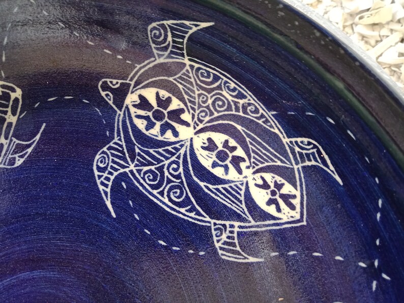 Bowl serving Turtle deign shallow bowl Handmade and hand decorated serving platter royal blue Stoneware Dish image 5