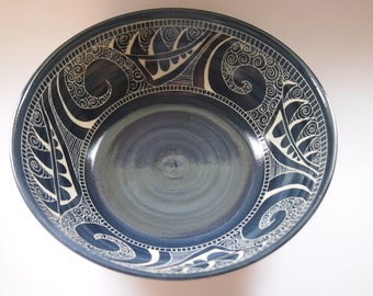 Handmade and hand decorated serving bowl, salad bowl, fruit bowl, curry bowl, slate blue henna pattern