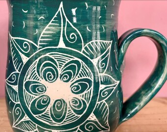 Coffee mug dark green stoneware mandala inspired sunflower pattern sgraffito mug unique tea cup green pottery mug