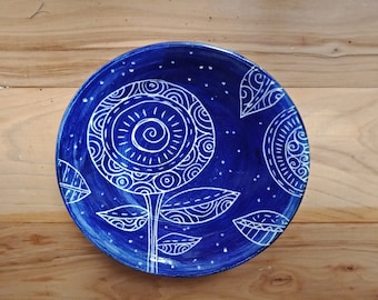 Ring dish royal blue folk art style flowers