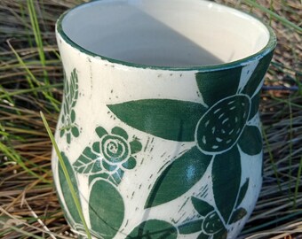 Coffee mug green mug stoneware mug sgraffito flowers mug flower design mug, Australian pottery