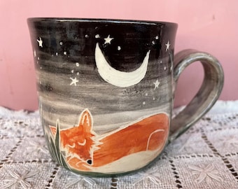 Hand Painted Fox Mug, Moonlight Starry Sky, Pottery Mug