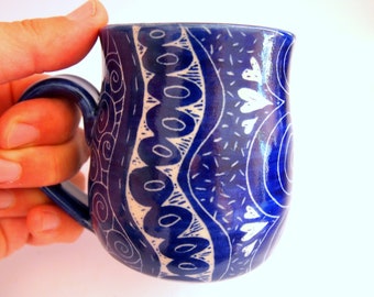 Mug unique coffee mug Handmade and hand decorated mug for coffee or tea in royal blue detailed henna art style patterns incised  #1