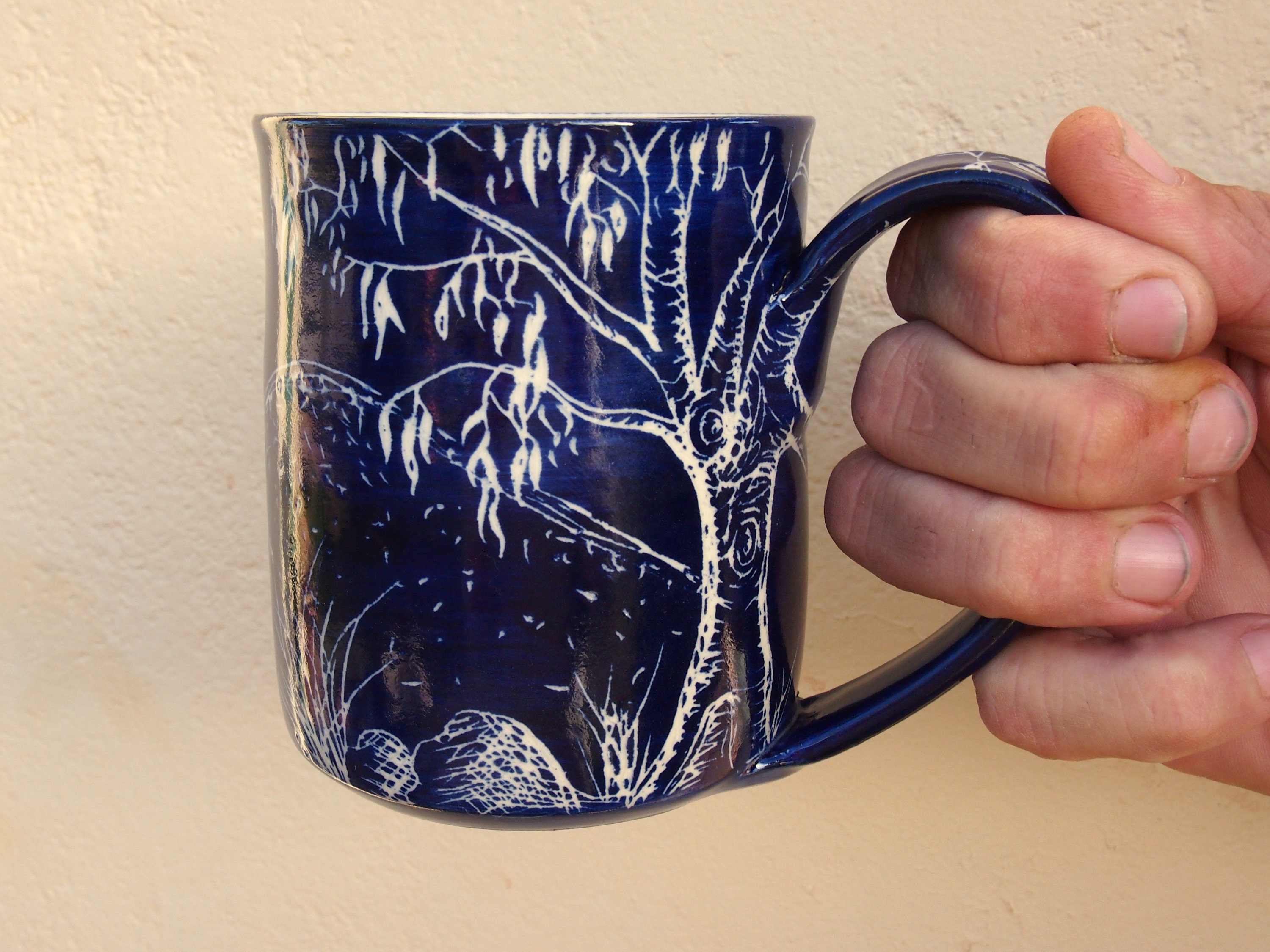 MUG Handmade and hand decorated royal blue landscape art mug gum tree mug eucalyptus tree mug Australian pottery Aussie mug unique mug
