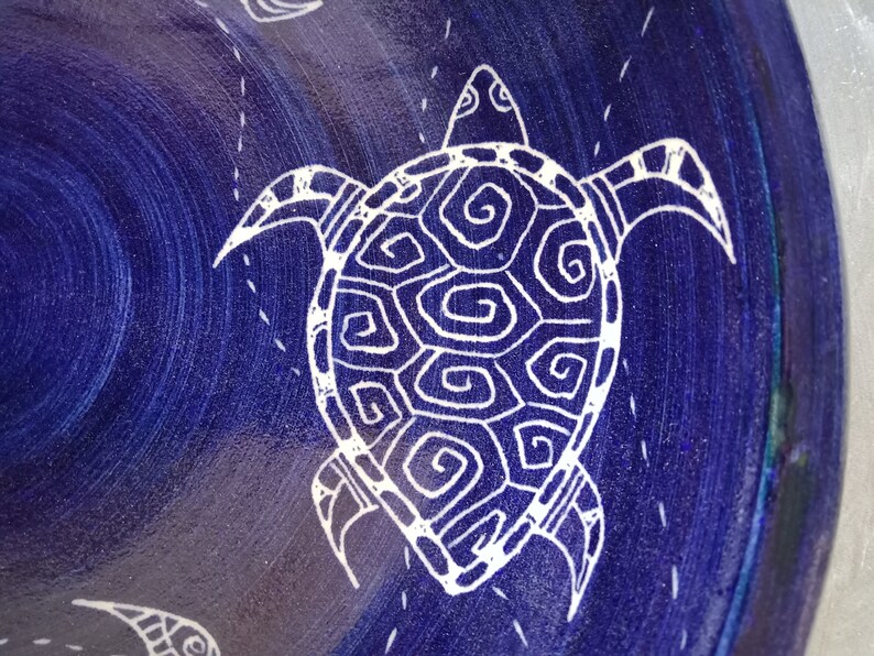 Bowl serving Turtle deign shallow bowl Handmade and hand decorated serving platter royal blue Stoneware Dish image 4