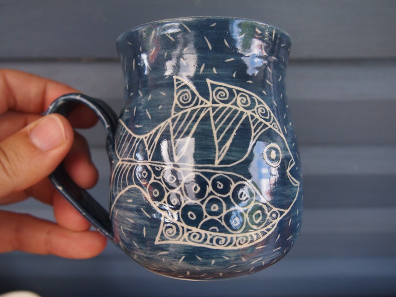 Unique Coffee Mug FISH Slate Blue Stoneware With Fish Pattern Fish ...