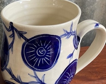 Coffee mug royal blue flower and vine mug cobalt blue flower