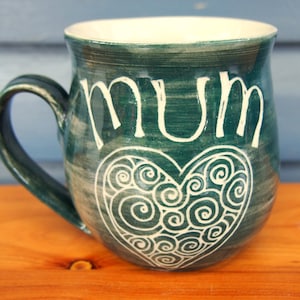 Mum mug hearts Handmade customised MUM coffee mug green stoneware hearts pattern mother gift mug