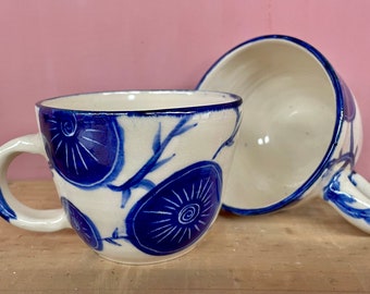 Tea cup royal blue flowers and vine pattern cup cobalt flower teacup