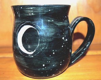 Hand Carved Stoneware Mug, Starry Night Sky, Sgraffito Moon