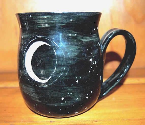 Hand Carved Stoneware Mug, Starry Night Sky, Sgraffito Moon