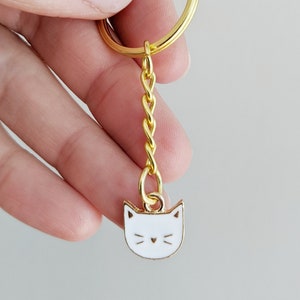 Cat Keychain, Cat Enamel Keychain, Kitty Keychain, Enamel Keychain, White Enamel Keyring, Gold Metal Keychain