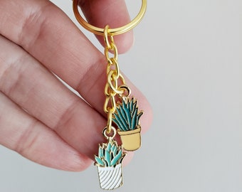 Enamel Plant Keychain: Potted Succulents, Gold Metal Keyring