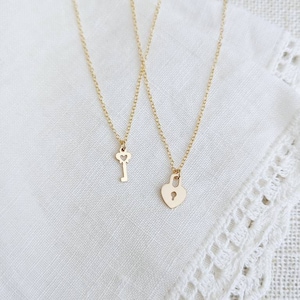 Best Friends Necklace, Little Girl Necklace, Sisters Heart Necklace, Gold filled Lock and Key Necklace, Minimalist Jewelry Gift for Her