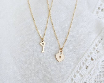 Best Friends Necklace, Little Girl Necklace, Sisters Heart Necklace, Gold filled Lock and Key Necklace, Minimalist Jewelry Gift for Her