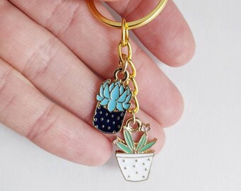 Plant Keychain, Enamel Keychain, Potted Plants Keychain, Plant Lady Keychain, Plant Keyring, Gold Metal Keychain