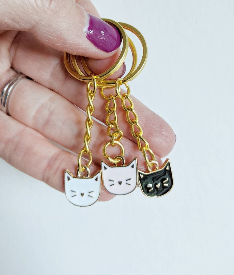 Cat Keychain Cat Enamel Keychain White Enamel Keyring Gold Etsy