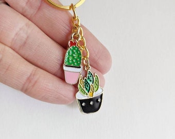 Plant Keychain, Enamel Keychain, Potted Plants Keychain, Plant Lady Keychain, Plant Keyring, Gold Metal Keychain