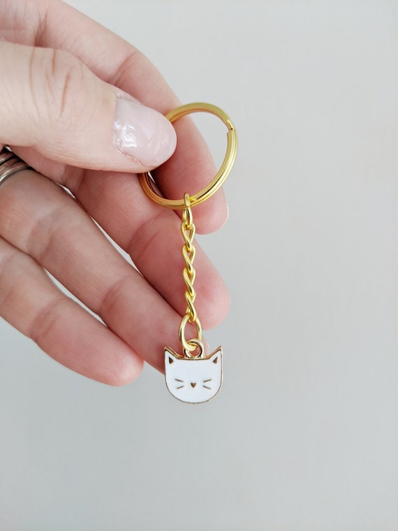 Cat Keychain Cat Enamel Keychain White Enamel Keyring Gold | Etsy