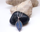 Silver Leaf Pendant - Vintage Necklace - Blue Opalescent Glass- Drop Pendant