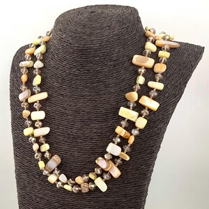 Vintage Yellow Crystal & Mother of Pearl Flapper Necklace - Knotted String Beaded Jewellery