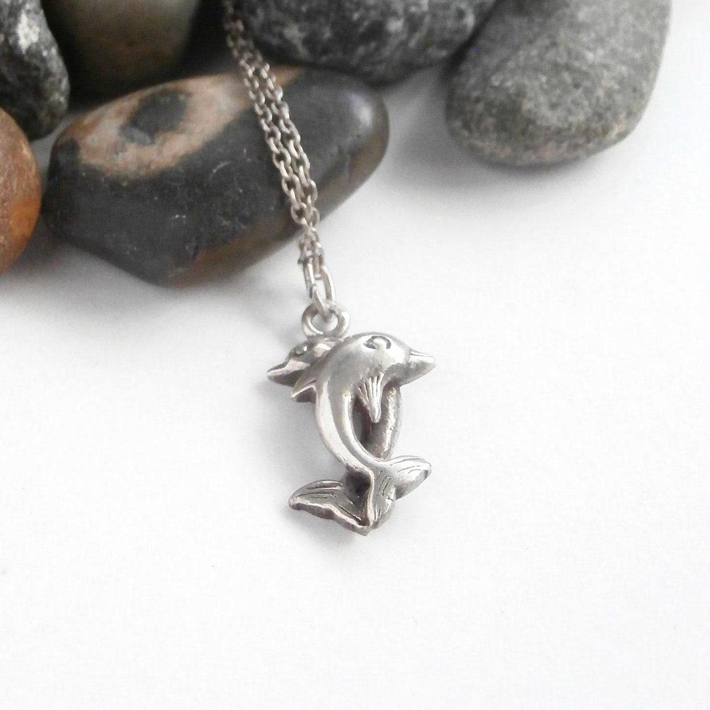 Sterling Silver Two Dolphins Pendant Necklace - Vintage Jewellery