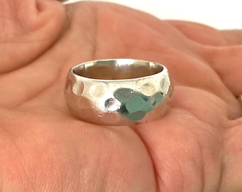 Vintage Sterling Silver Hammered Wide Band Ring - Jewellery Size P 1/2 (US 8.25)
