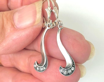 Vintage Crystal Sterling Silver Drop Earrings - Curved Dangle Jewellery for Women