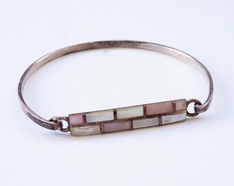 Sterling Silver Bangle Bracelet with Mother of Pearl - Vintage Silver Hook Bracelet