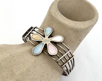Vintage Sterling Silver Cuff Bracelet: Mother of Pearl Inlay Floral Design