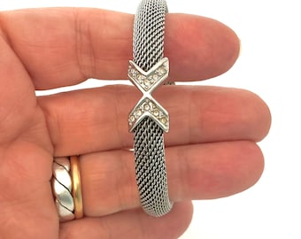 Vintage SKAGEN Silver, Crystal & Mesh Open Torque Bangle - Gift for Girls