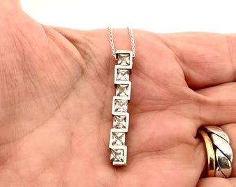 Vintage Sterling Silver Crystal Bar Pendant Necklace - Elegant Cubic Zirconia Jewellery